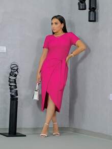Casual Midi Dress With Sleeves And Side Tie - 玫紅色 - 查看 1