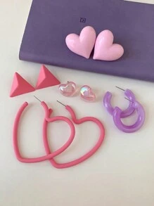 5 对/套时尚精致、创意、休闲、可爱、百搭、心形耳环，适合夏季度假情人节 - 彩色 - 查看 2