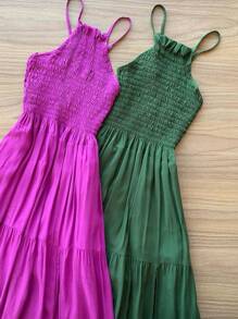 Elastek Elegant Slit Halter Neck Long Dress - Army Green - View 2