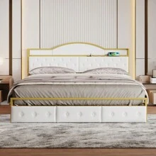 Metal Platform Bed With 3 Drawers, Storage Headboard, King, Gold