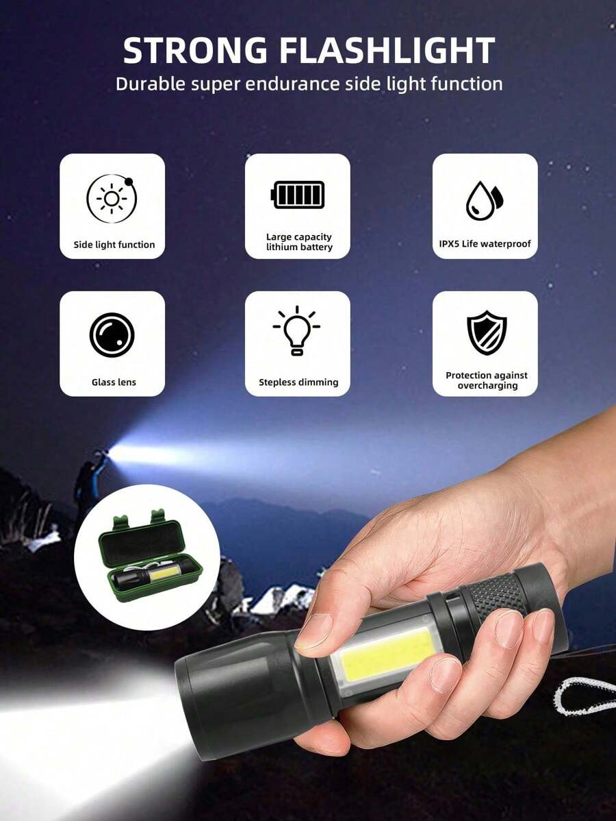 Rechargeable High Brightness Flashlight With 3 Modes, Led Outdoor Usb Work Light Cob Mini Torch, Adjustable, Perfect For Camping, Hiking - Black - View 1