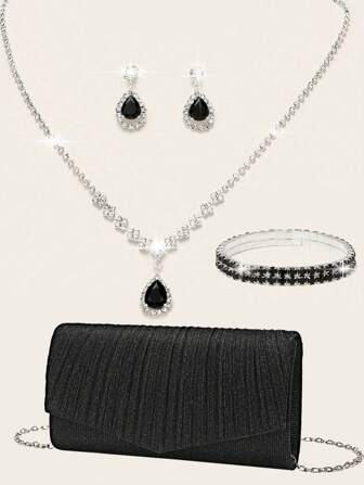 4 件套女士水钻晚宴手拿包水钻耳夹新娘婚礼颈链手镯垂坠闪亮钱包手拿包女士晚宴包舞会闪亮手提包带可拆卸链条适合婚礼和派对女士单肩包女士手拿包闪亮银色派对手提包婚礼包