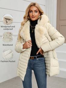 Giolshon 女士秋冬仿皮羽绒夹克，仿毛领，教师装，可调节腰带，适合时尚通勤和分层穿着