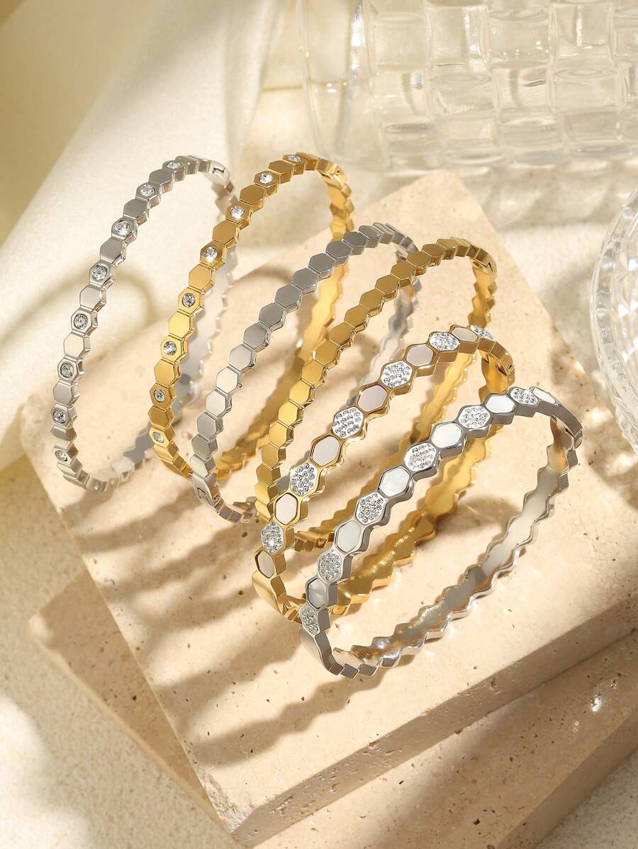 1入精美不銹鋼圓形金色鍍帶嵌鑽石手環，抗褪色無過敏簡約手鍊適用於女性