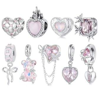 bamoer 1 PC 925 Sterling Silver Dream Princess Bowknot Bear Charm Pink Sweet Heart Bead Fit Women Girl DIY Making Bracelet Fine Jewelry