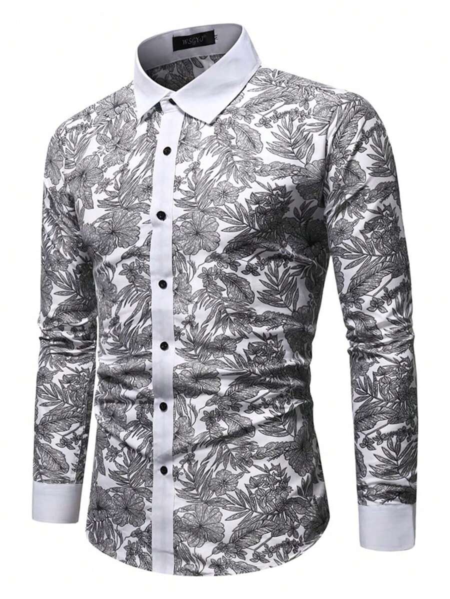 Men's Fashionable Floral Print Casual Long Sleeve Shirt - Black and White - View 1