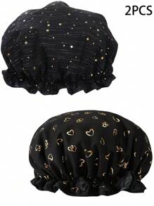 可重复使用双层心形金箔防水浴帽，浴室配件，时尚浴帽返校