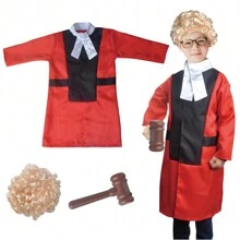 Conjunto de disfraz de juez y abogado para juego de roles para niños, incluye disfraces de justicia del tribunal con toga de juez, mazo y peluca para niños pequeños, regalo para Halloween, Navidad, Acción de Gracias - Rojo - Ver 1