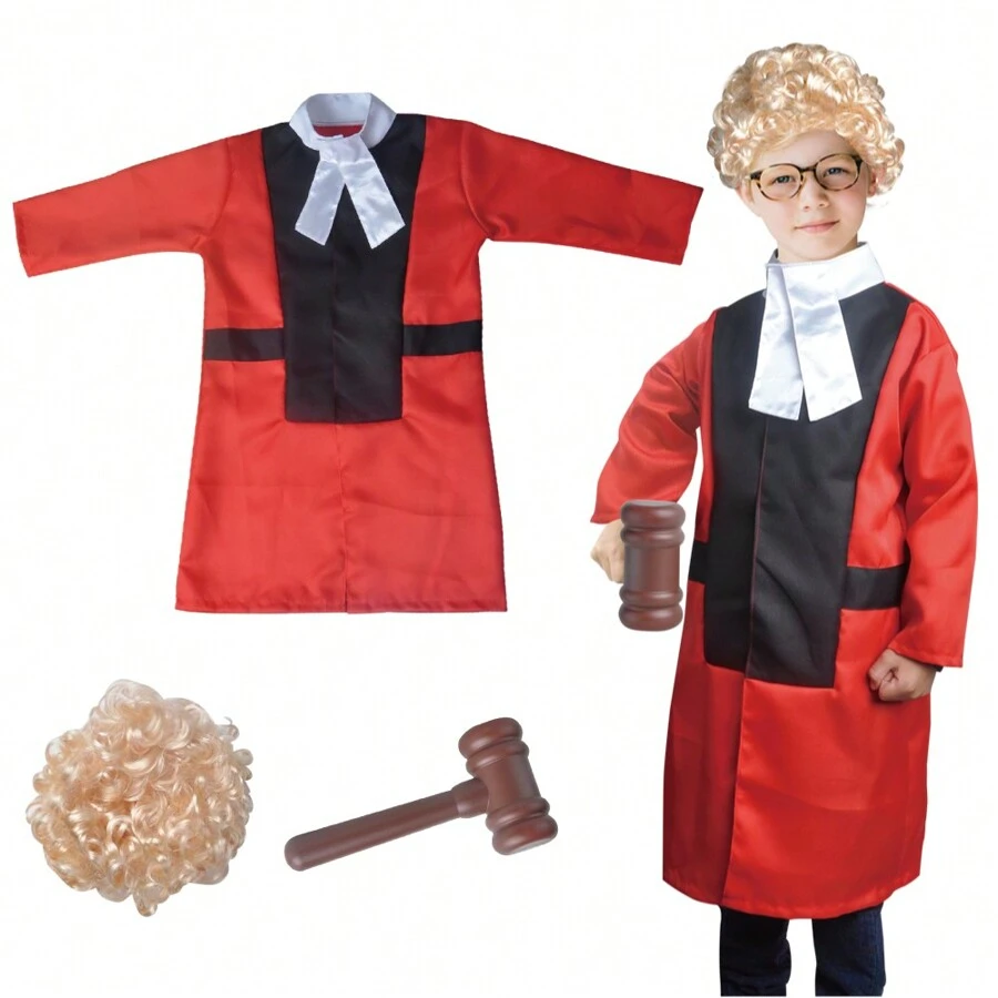 Conjunto de disfraz de juez y abogado para juego de roles para niños, incluye disfraces de justicia del tribunal con toga de juez, mazo y peluca para niños pequeños, regalo para Halloween, Navidad, Acción de Gracias - Rojo - Ver 1