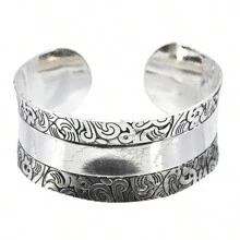 1pc Vintage Metal Embossed Auspicious Cloud, Elephant & Lotus Floral  Pattern  Textured Openwork Adjustable Bangle Bracelet, Fashion Accessory Gift For Women And Couples - Antique Silver - View 6