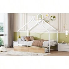 Twin Size Metal House Bed With Two Drawers, White - 白色+金屬+雙如圖 - 查看 15