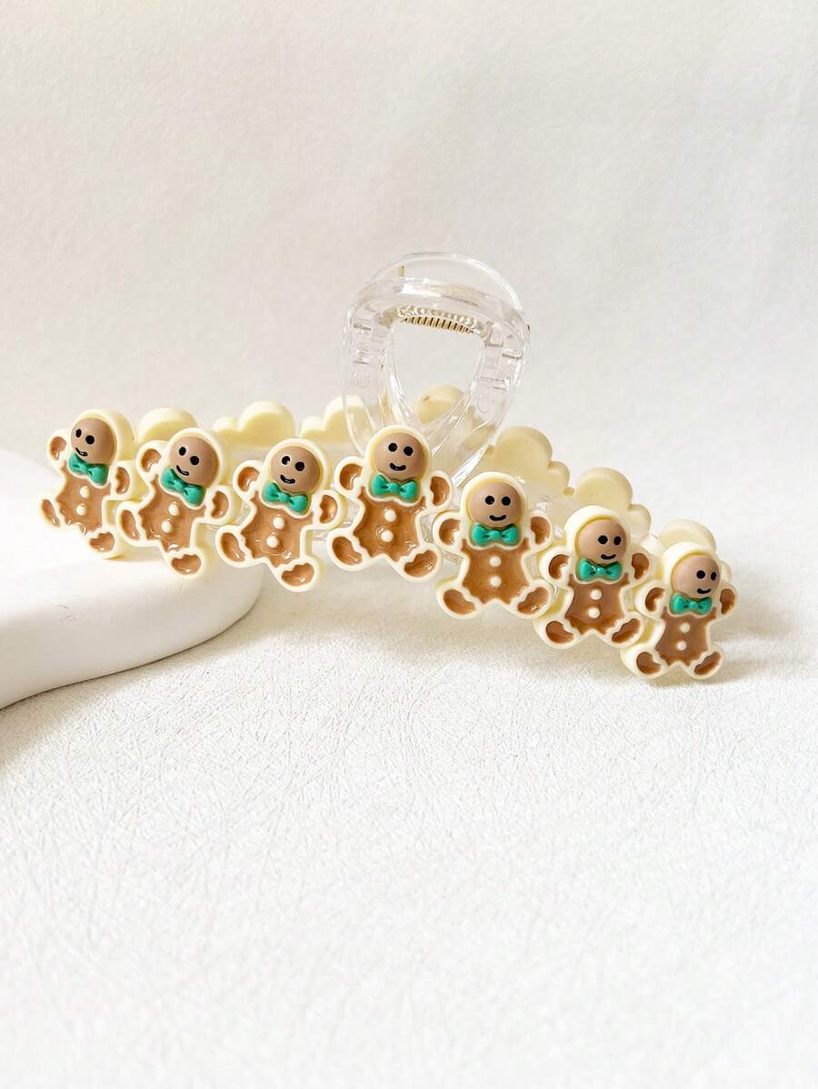 1个圣诞装饰蝴蝶结姜饼人透明爪形发夹，女士休闲圣诞派对装饰冬季发饰 - 彩色 - 查看 1