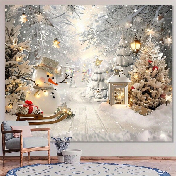 1pc, Multi Functional Christmas And Winter Wonderland Background Cloth - Snowman, Pine Tree, And Snowflake Patterns | Polyester Fiber Photography Props Suitable For Indoor/Outdoor Decoration And Photography Studios,Christmas