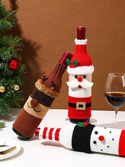 1 pieza Cubierta de botella de vino navideña de punto con diseño de Papá Noel y muñeco de nieve, decoraciones para restaurantes, regalos navideños, Feliz Navidad