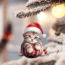 1 pièce Décoration de chat mignon plat 2D, décoration de Noël en acrylique à suspendre, décoration de fenêtre d'arbre de Noël, décoration de Noël suspendue