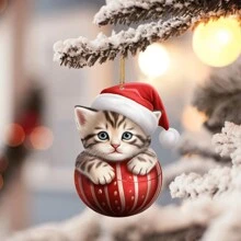 1 pièce Décoration de chat mignon plat 2D, décoration de Noël en acrylique à suspendre, décoration de fenêtre d'arbre de Noël, décoration de Noël suspendue