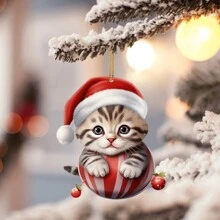 1 pièce Décoration de chat mignon plat 2D, décoration de Noël en acrylique à suspendre, décoration de fenêtre d'arbre de Noël, décoration de Noël suspendue
