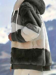 Furry New Hoodie Jacket, Loose Fluffy Colorblock Hooded Coat For Women, Fall Winter - Army Green - View 6