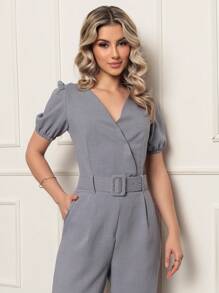 Plain Linen Jumpsuit With V-Neckline And Free Belt - Grey - View 4