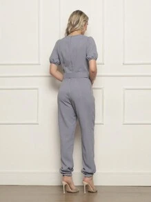 Plain Linen Jumpsuit With V-Neckline And Free Belt - Grey - View 2