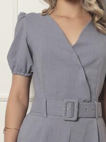 Plain Linen Jumpsuit With V-Neckline And Free Belt - Grey - View 3