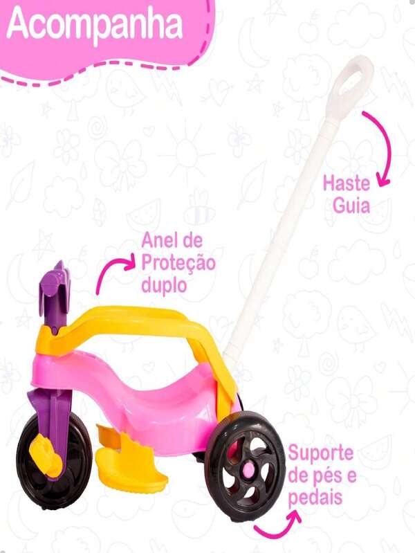 Motoca Vilotrol Triciclo Infantil Kemotoca Pais e Filhos Menino Menina Bebe Empurrador Pedal Proteção Lateral inmtro