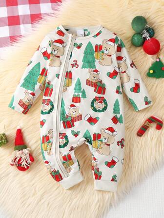 Cute Baby Girls Christmas Jumpsuit, 3M-24M Infant Long Sleeve Jumpsuit, Soft Christmas Santa, Tree, Reindeer Printed Design
