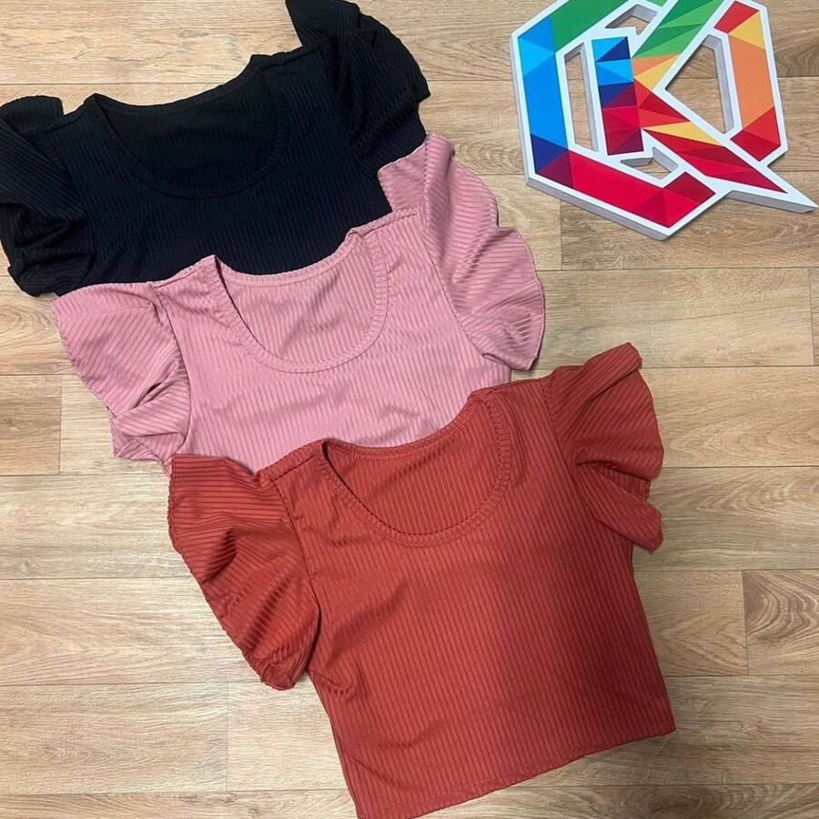 Women's Cropped Top In Ribbed Fabric With Short Sleeves And Ruffles - 查看 1