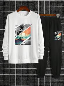 2 件套男士休闲印花运动衫和裤子套装，常规版型 - 黑色 - 查看 3