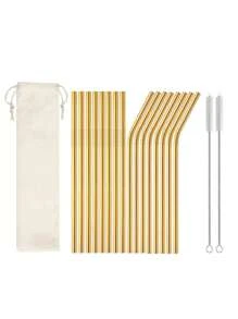 2/4/8/16 支不锈钢吸管，配 1/2 支清洁刷和储物袋，适用于 20 盎司/30 盎司玻璃杯、厨房、圣诞礼物、学校用品 - 金色 - 查看 1
