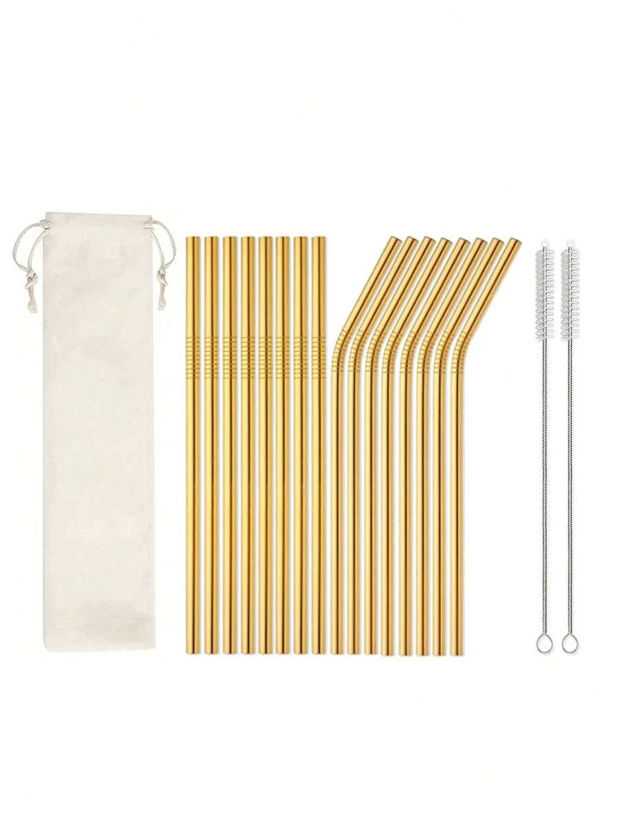2/4/8/16 支不锈钢吸管，配 1/2 支清洁刷和储物袋，适用于 20 盎司/30 盎司玻璃杯、厨房、圣诞礼物、学校用品 - 金色 - 查看 1