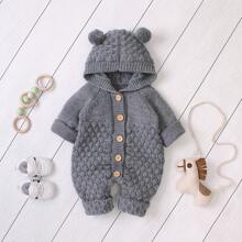 Cute & Adorable Toddler Hooded Pompom Jumpsuit, Comfortable Casual Romper Design, Simple & Fashionable 3D Effect, Infant Cozy Outdoor Outfit