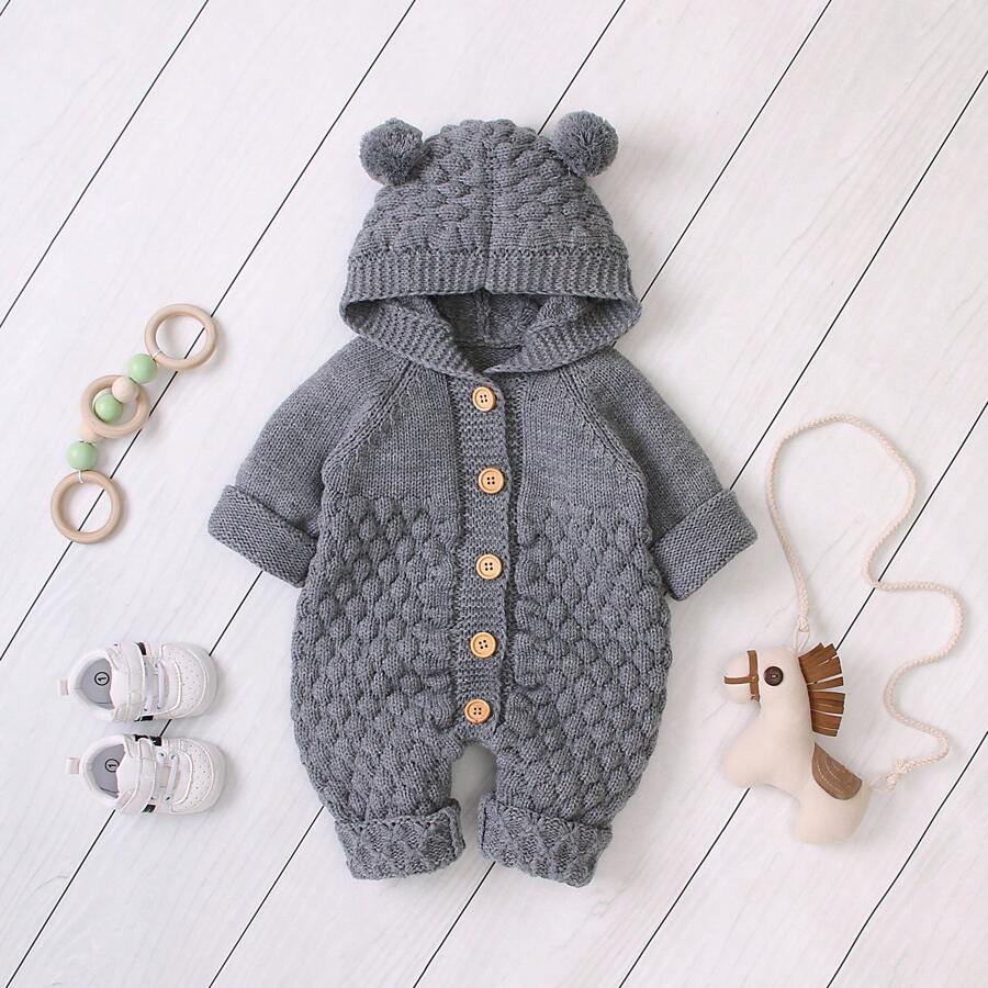 Cute & Adorable Toddler Hooded Pompom Jumpsuit, Comfortable Casual Romper Design, Simple & Fashionable 3D Effect, Infant Cozy Outdoor Outfit