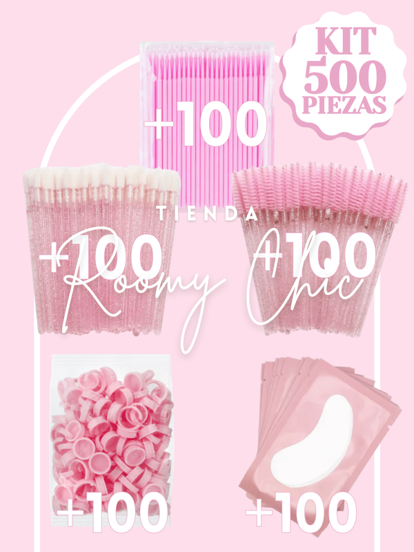 ROOMY CHIC Kit De Suministros De Extensión De Pestañas 500 Piezas 100 Cepillos Glitter Rosa Para Pestañas 100 Microbrush Rosa 100 Lip Brush Glitter Rosa 100 Parches Pestaña 100 Anillos Rosa Para Adhesivo Aplicadores Desechables Kit de Extensiones de Pestañas Mink 1x1 Utensilios de belleza Herramientas de Maquillaje Utensilios para cejas y pestañas