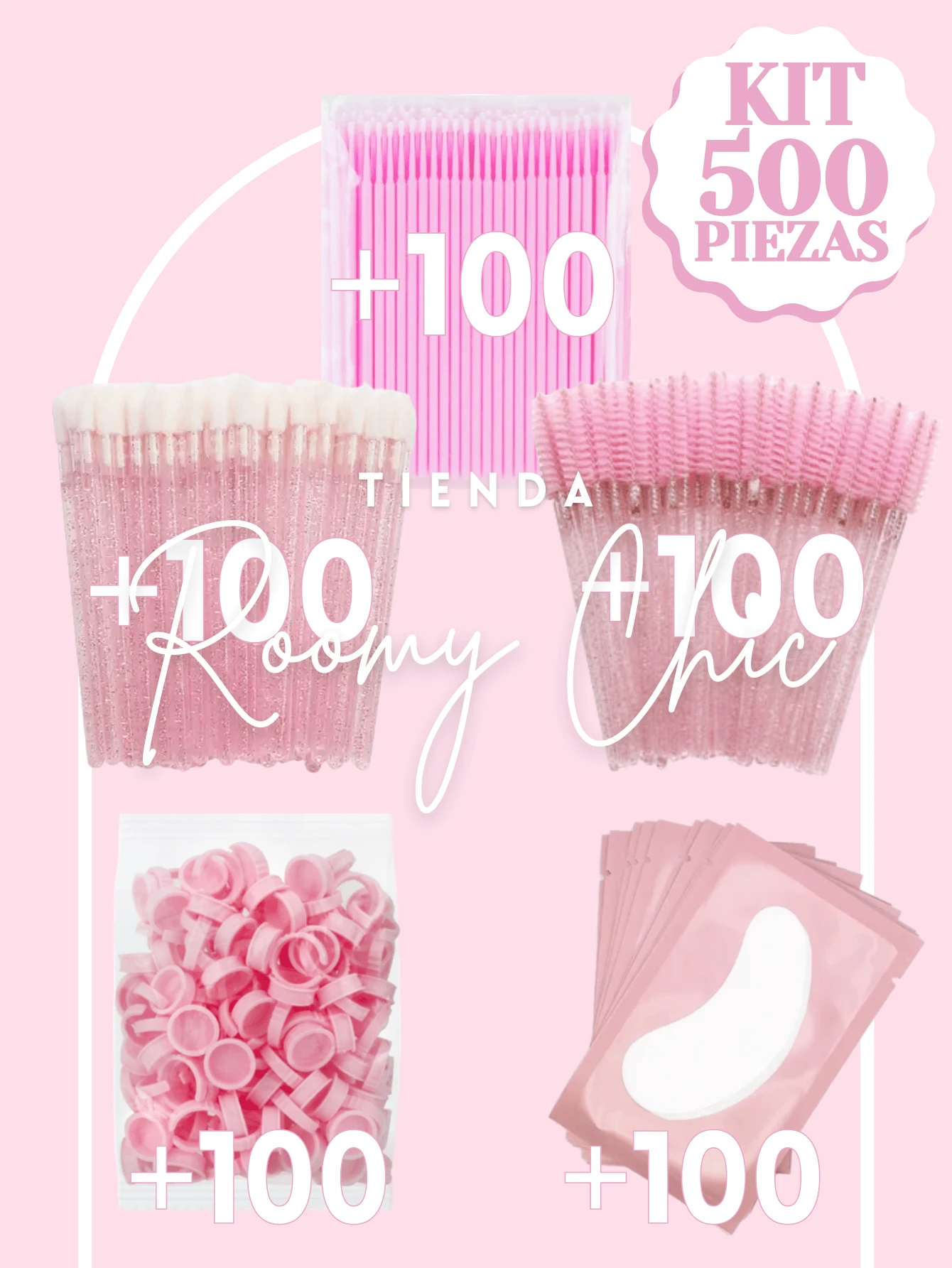 ROOMY CHIC Kit De Suministros De Extensión De Pestañas 500 Piezas 100 Cepillos Glitter Rosa Para Pestañas 100 Microbrush Rosa 100 Lip Brush Glitter Rosa 100 Parches Pestaña 100 Anillos Rosa Para Adhesivo Aplicadores Desechables Kit de Extensiones de Pestañas Mink 1x1 Utensilios de belleza Herramientas de Maquillaje Utensilios para cejas y pestañas - Rosa - Ver 1