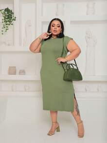 Plain Long Viscolaycra Dress - Màu xanh Ô liu - Xem 4