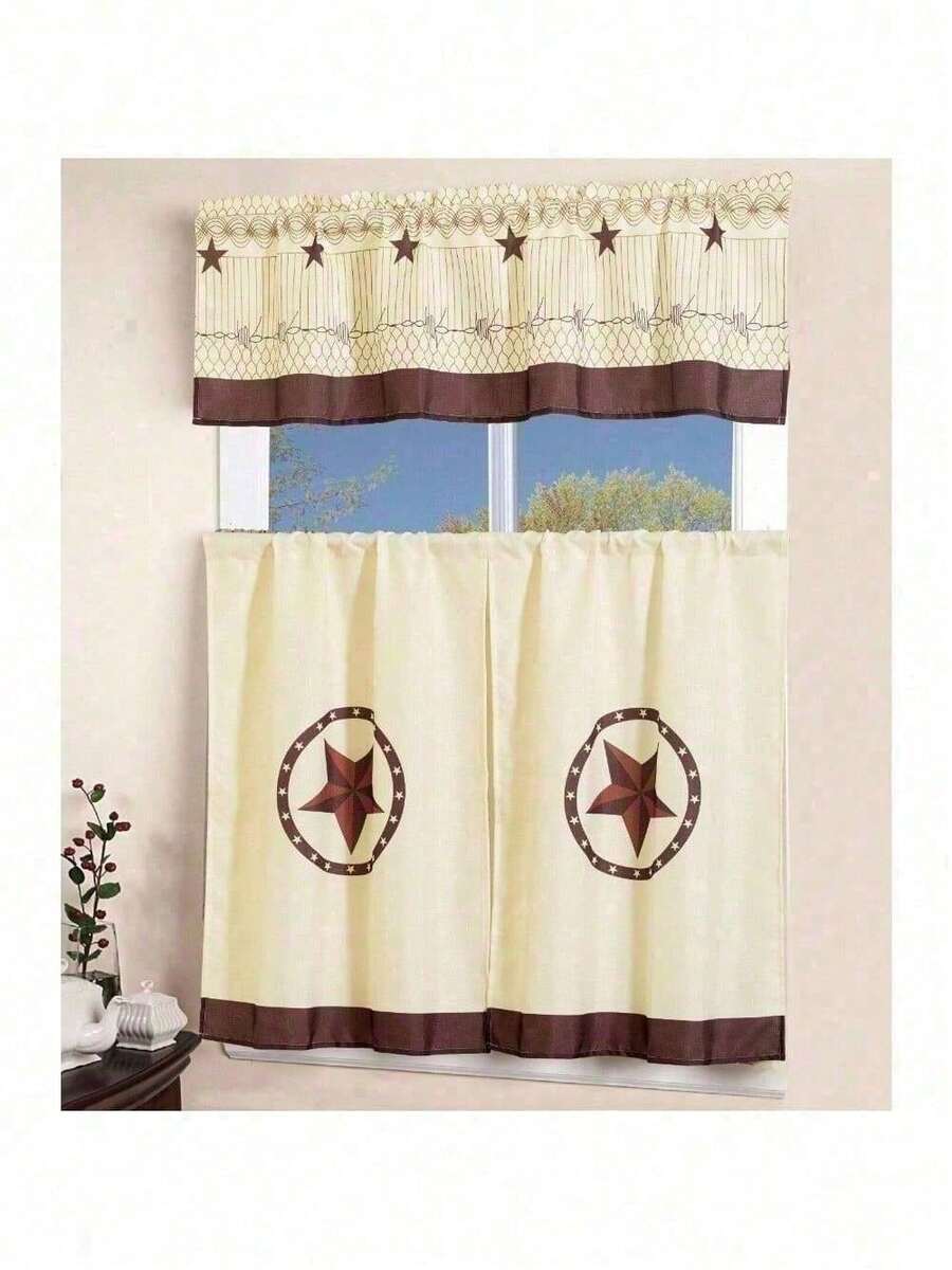 3 Pcs Western Texas Star Kitchen Curtain With Swag And Tier Window Curtain Set - Beige - View 1