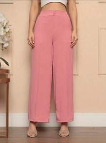 WO Duna Fabric Wide Leg Pants With Zipper And Button Lined High Waist Social Tailoring Women's Clothing - 藕粉色 - 查看 3