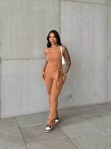 Women's Strapless Cropped Top And Pants Set With Adjustable Waist Side Detail Luxury Fashion - Màu be - Xem 3