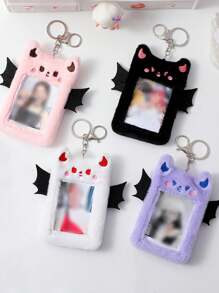 1pc Purple Fuzzy Monster Decor ID Card Holder, Cute Portable Office Card Cover With Key Ring