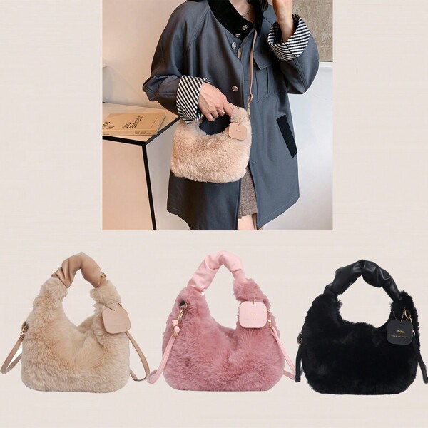 1 Pc Gentle Autumn And Winter New Products, Solid Color, Portable Fur, Pure Plush, With A Single Handle On The Top For Easy Carrying. The Women's Crossbody Bag Is Equipped With A Detachable Shoulder Strap, Suitable For Outdoor Use, Accommodating Samples, Friend Gifts, Attending Weddings