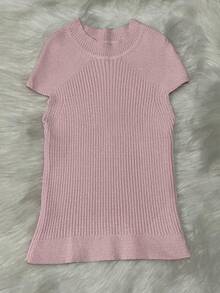 Women's Elegant Modal Knit Ribbed Short Sleeve Blouse - 乾枯玫瑰色 - 查看 2