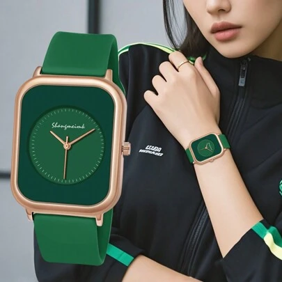 1pc Women's Cute Minimalist Elegant Fashion Rectangular Case Silicone Band Quartz Wrist Watch, For Women's Sports & Daily Wear, Green