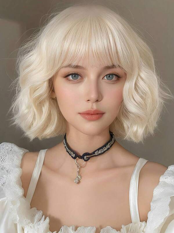 Peluca sintética resistente al calor de 12 pulgadas de cabello corto ondulado color dorado de lino con flequillo, ideal para uso cotidiano, fiestas y cosplay