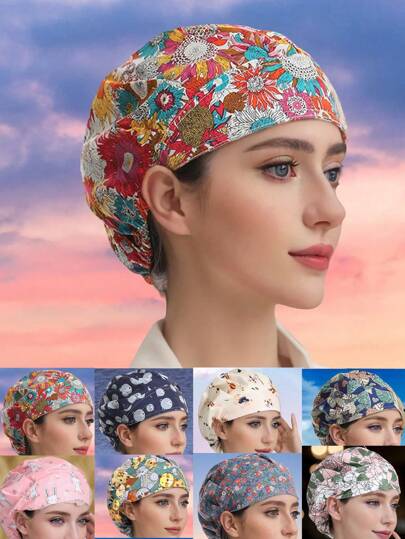 1PC Cooking Beanie Kitchen Hats Nurse Caps Printed Washable Professional Working Hat With Cat,Bear,Rabbit,Sunflower Printed ,For Working,Travel,Climb Or Daily Use Halloween