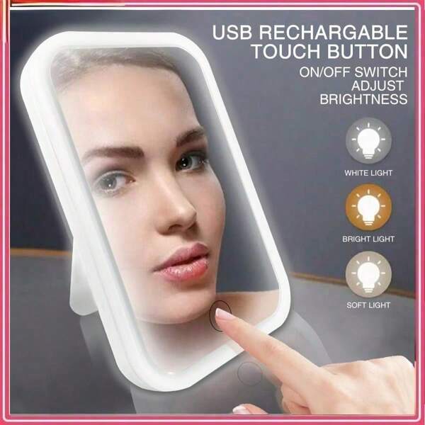 Espelho de maquiagem LED de 1 unidade com 3 luzes, tela sensível ao toque, ajustável em 3 cores, suporte dobrável portátil, design compacto, minimalista branco