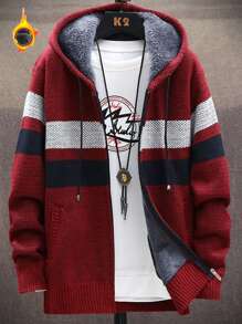 Korean Style Men's Fleece Full Zip Hooded Cardigan With Sherpa Lining, Thick Knitted Cardigan Outerwear, Fall/Winter, Long Sleeve Top - Red - View 4