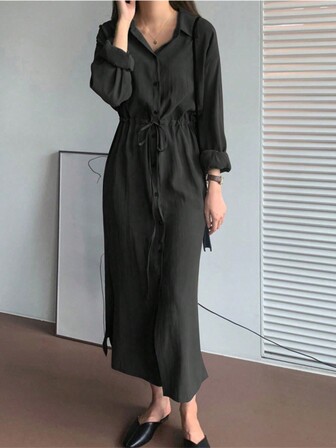 Women's Spring & Autumn Solid Color Long Sleeve Single Breasted Long Casual Shirt Dress