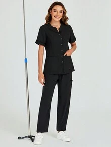 cimmuovere V-Neck Metal Button Multi-Pocket Black 2 Pieces Set Uniform Tracksuit, Stretchy - Black - View 4