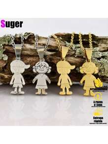 Silver Gold Chain Necklace. Couple Pendant Boy Girl Brothers Family Stainless Steel - Silver 1 Boy - View 2